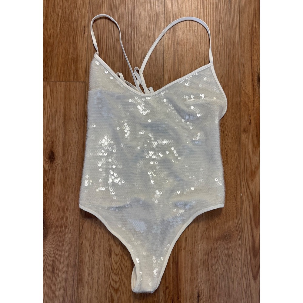 Victorias Secret White Sequin Lace Up Corset Bodysuit Bridal M 377989-E2Q